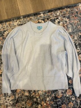 CeCe Pale Blue Pearl-Accent Puff Sleeve Sweater
